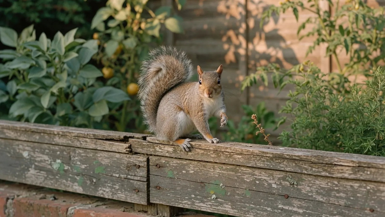 A grey squirrel perched on a weathered wooden garden fence.