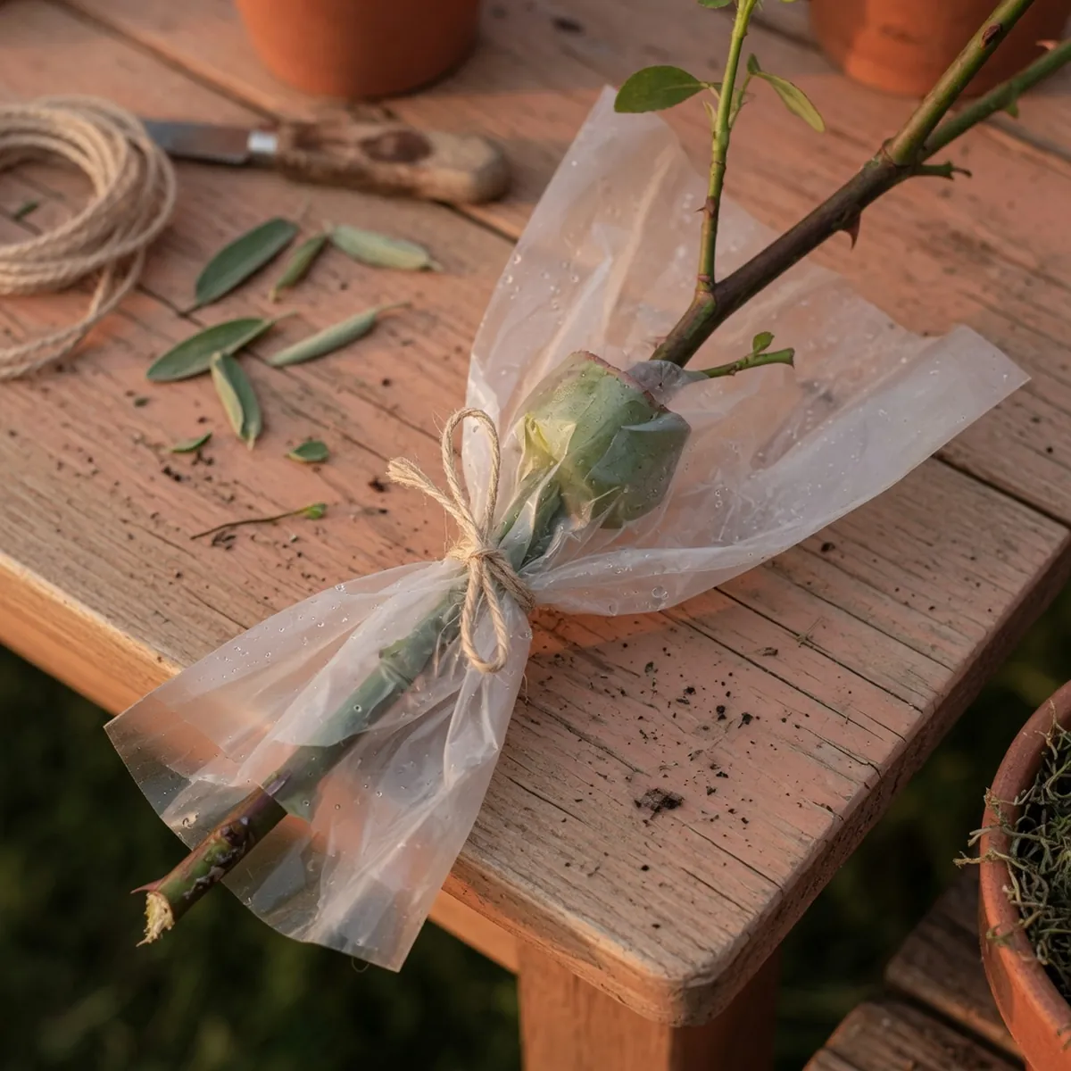A close-up view of a rose stem showing a fresh graft union wrapped in protective material.