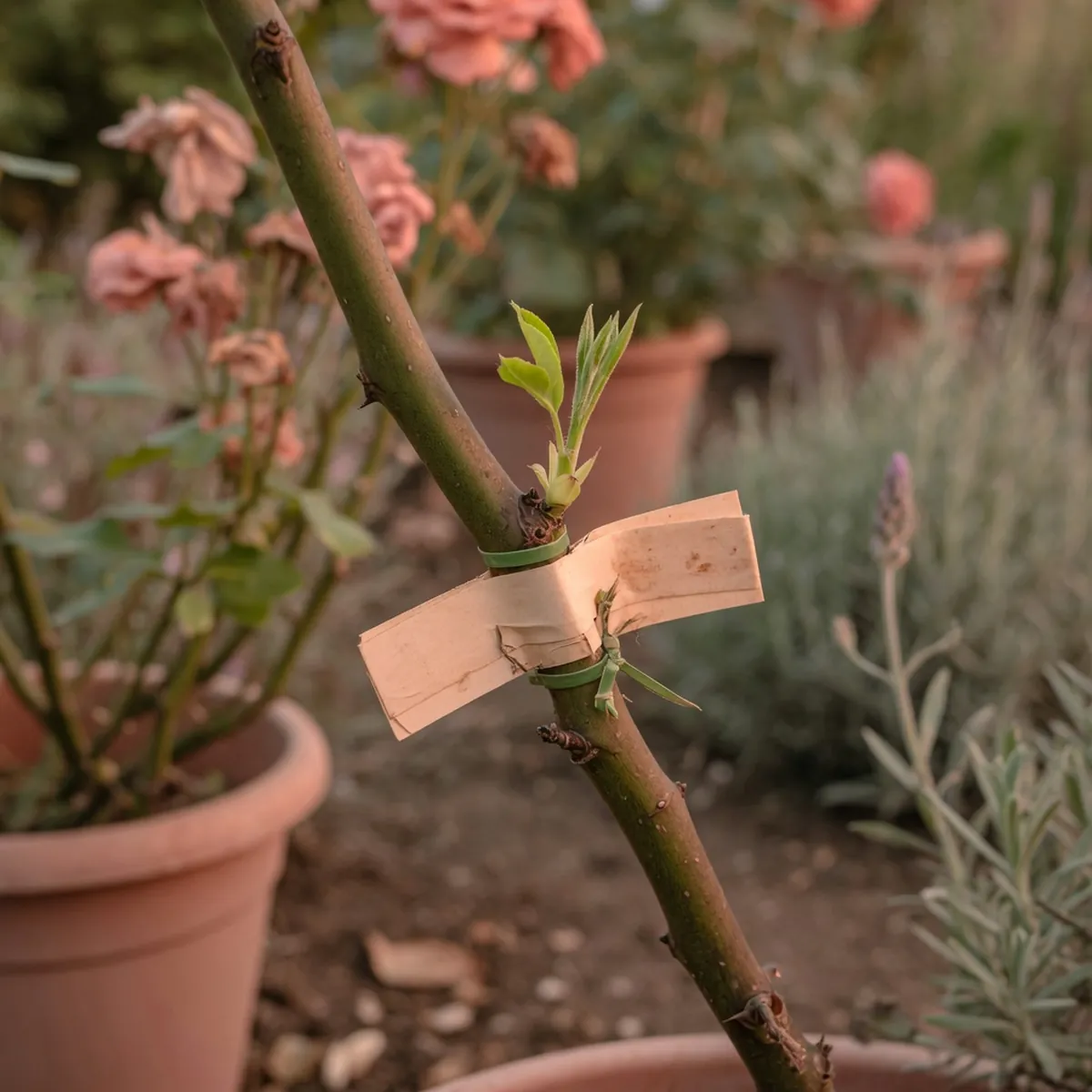 A young rose shoot emerging from a grafted stem, demonstrating successful bud union.