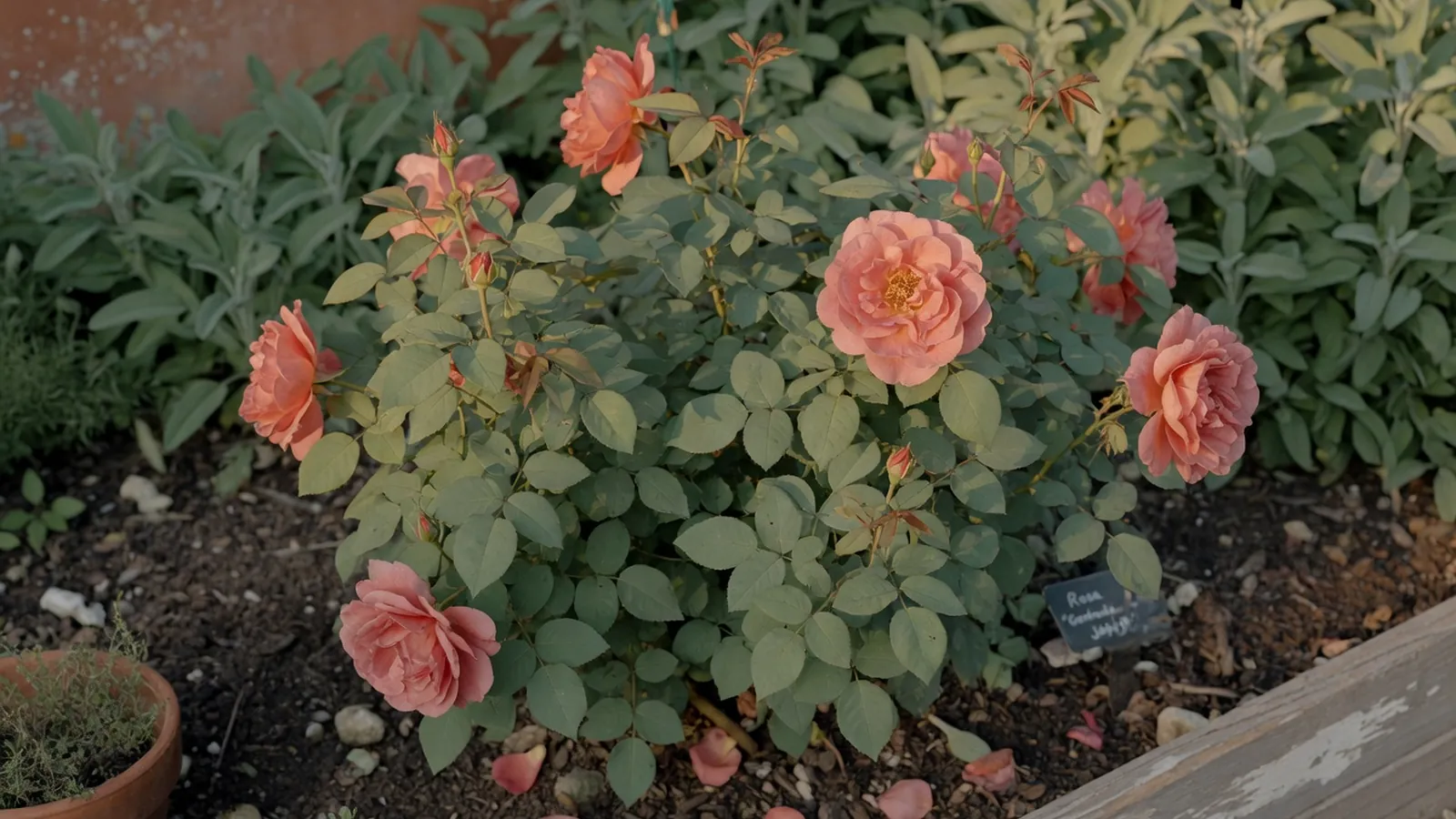 A healthy rose plant displaying vibrant blooms in a well-tended garden bed.