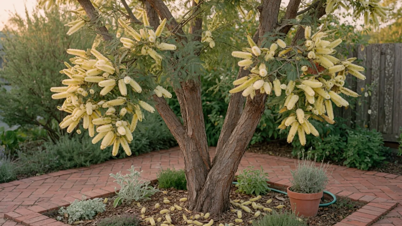 A mature acacia tree displaying cylindrical clusters of yellow and white flowers against a clear sky.