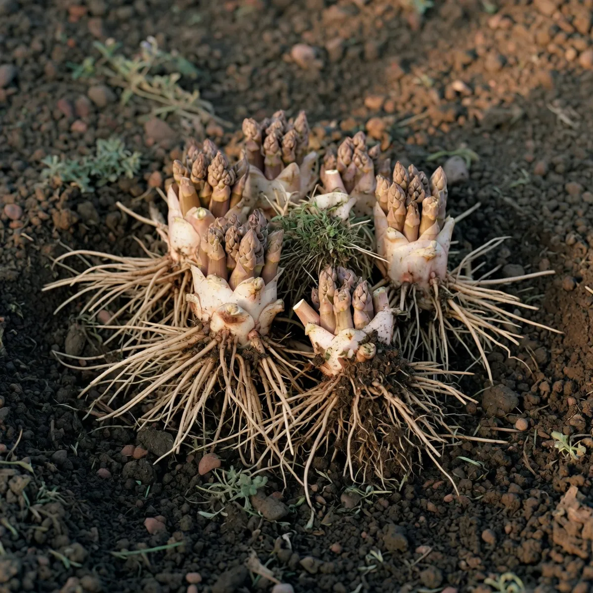 A cluster of healthy asparagus crowns with visible roots and dormant brown tops rests on dark soil.