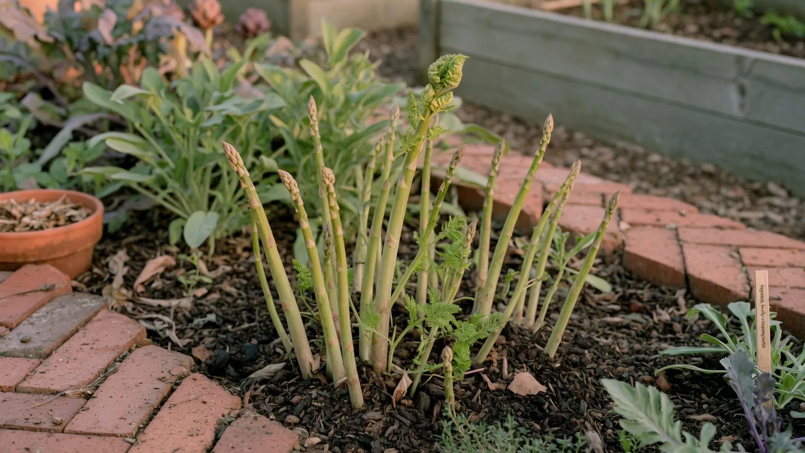 Fresh green asparagus spears emerge from a well-tended garden bed with soft background foliage.