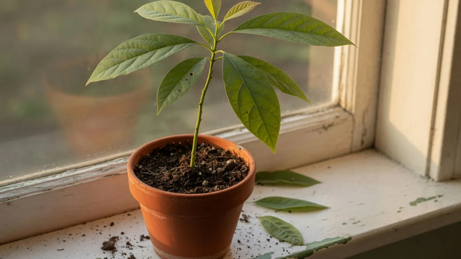 A young avocado sapling with broad green leaves growing in a terracotta pot filled with rich soil.
