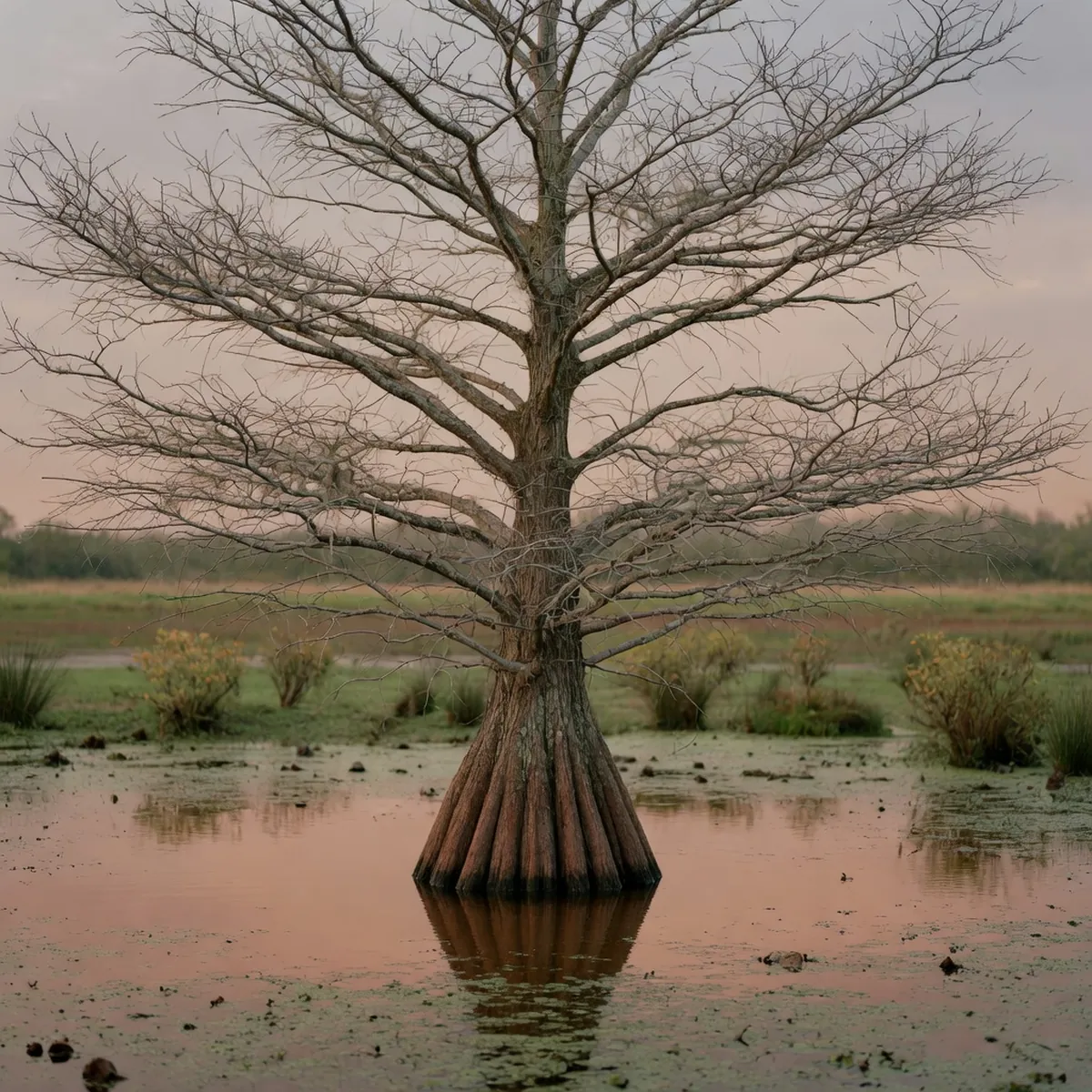 A mature bald cypress tree standing in shallow wetland water with bare, branching limbs against a soft sky.
