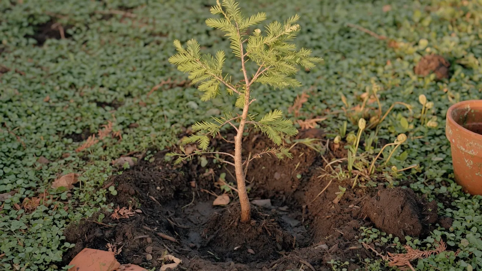 A young bald cypress sapling planted in rich, damp soil with surrounding green ground cover.