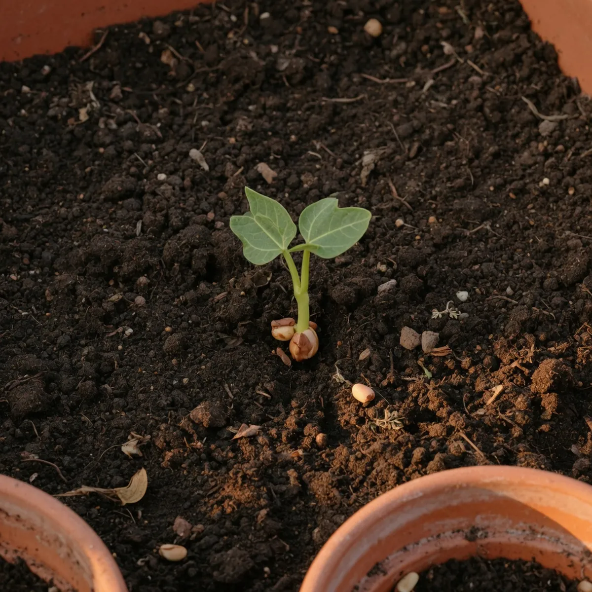 Rich, dark garden soil surrounds a young bean sprout emerging from the ground.