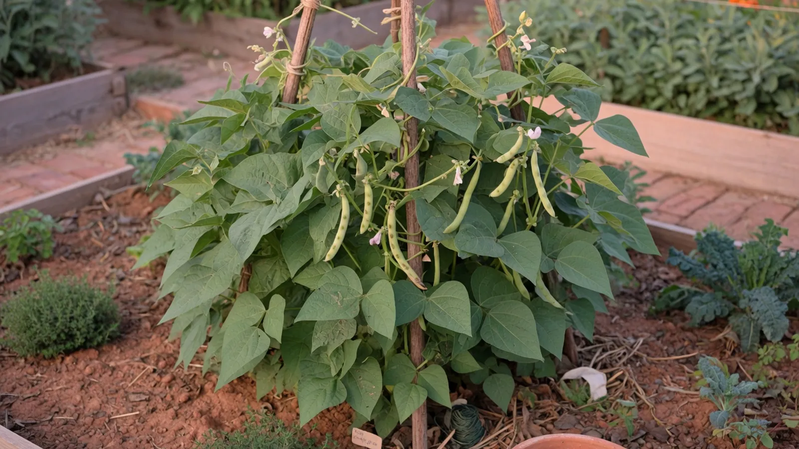 A healthy bean plant with vibrant green leaves and developing pods grows in a garden bed.