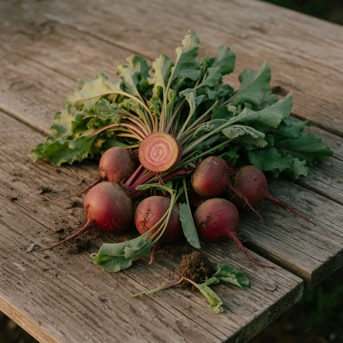 Freshly harvested beets with green leafy tops resting on a wooden surface.