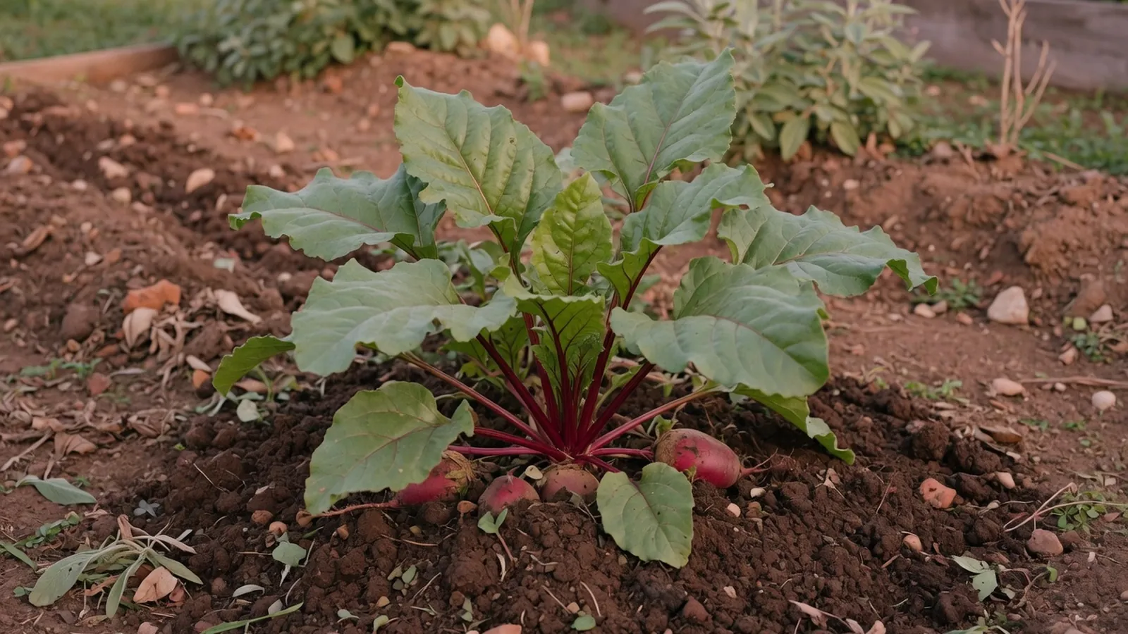 A healthy beet plant growing in rich garden soil with broad green leaves.