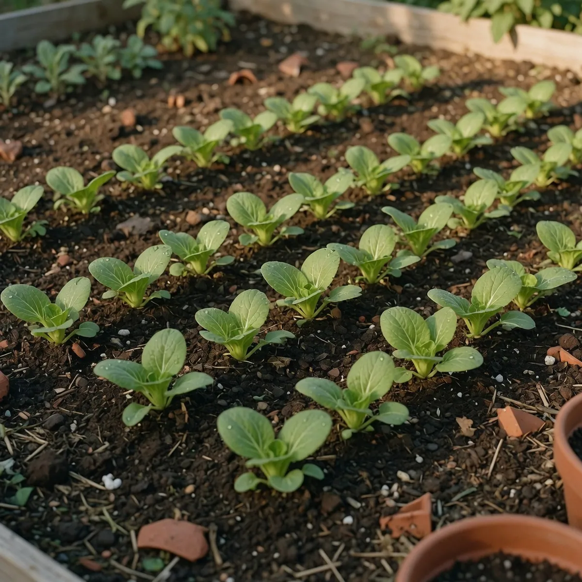 Young bok choy seedlings planted in neat rows in rich garden soil.