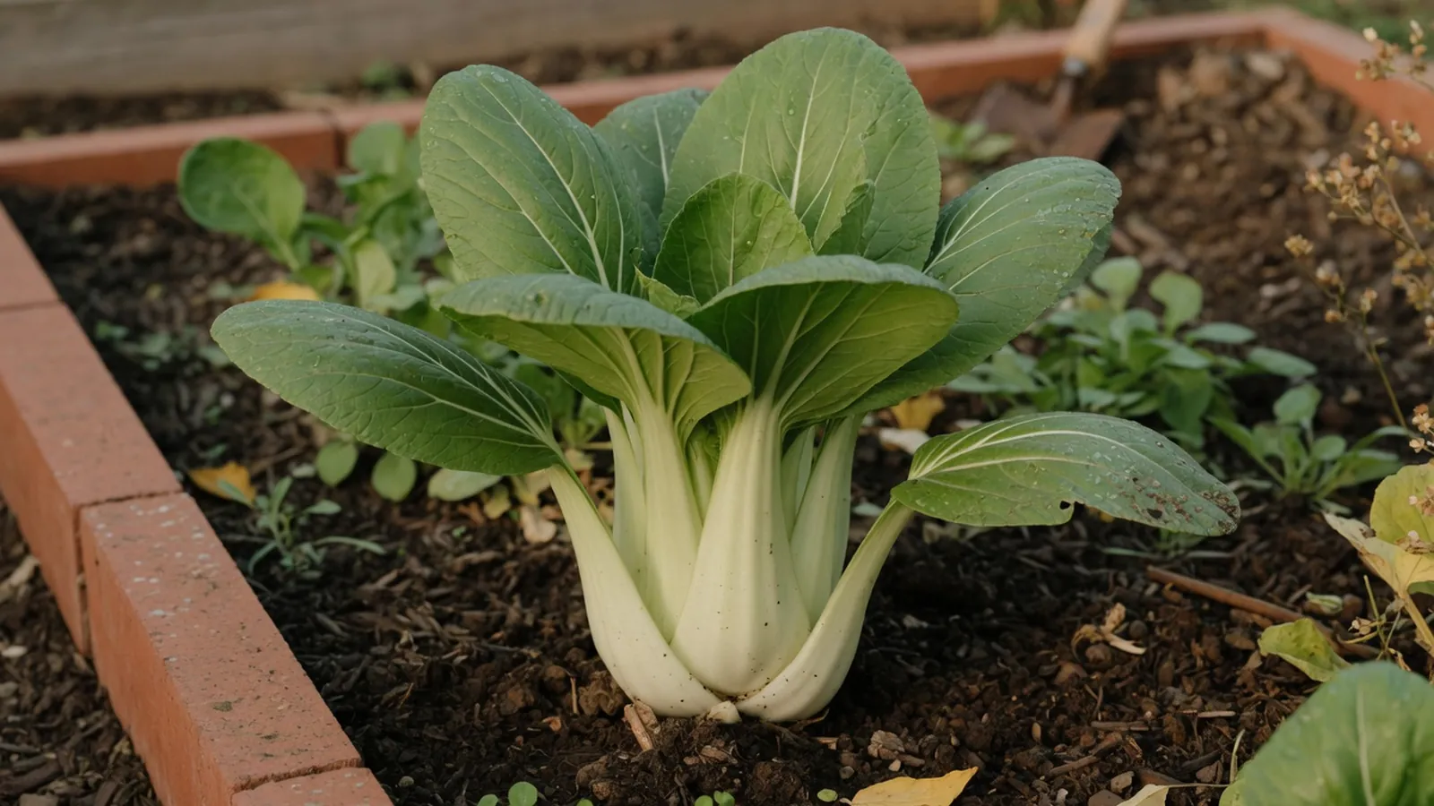A mature bok choy plant with crisp white stems and vibrant green leaves growing in a garden bed.