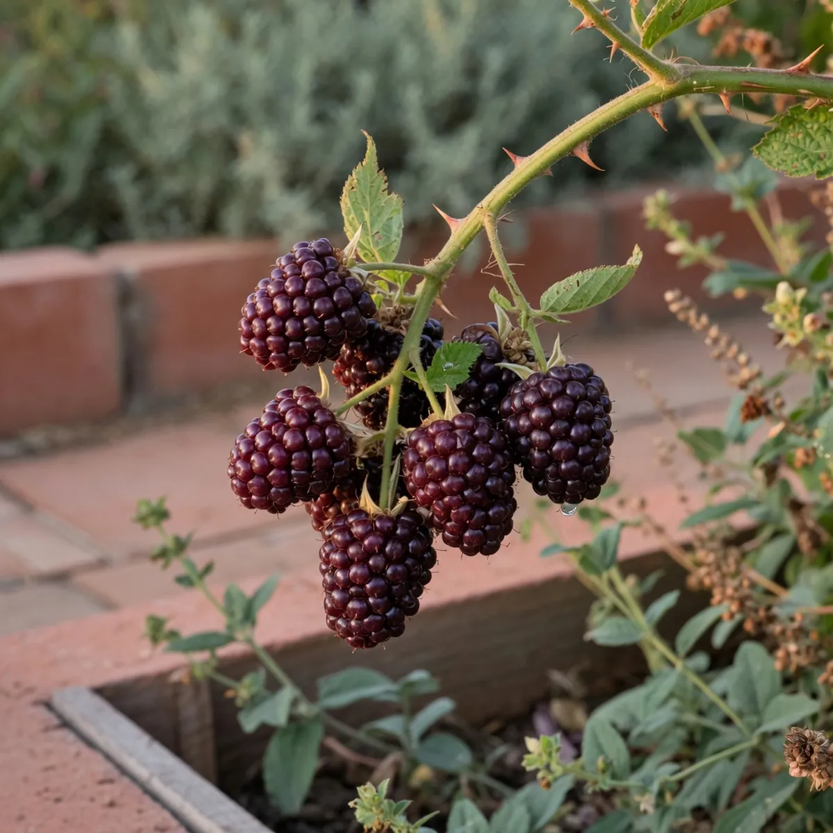 A cluster of ripe dark purple boysenberries hanging from a green vine.