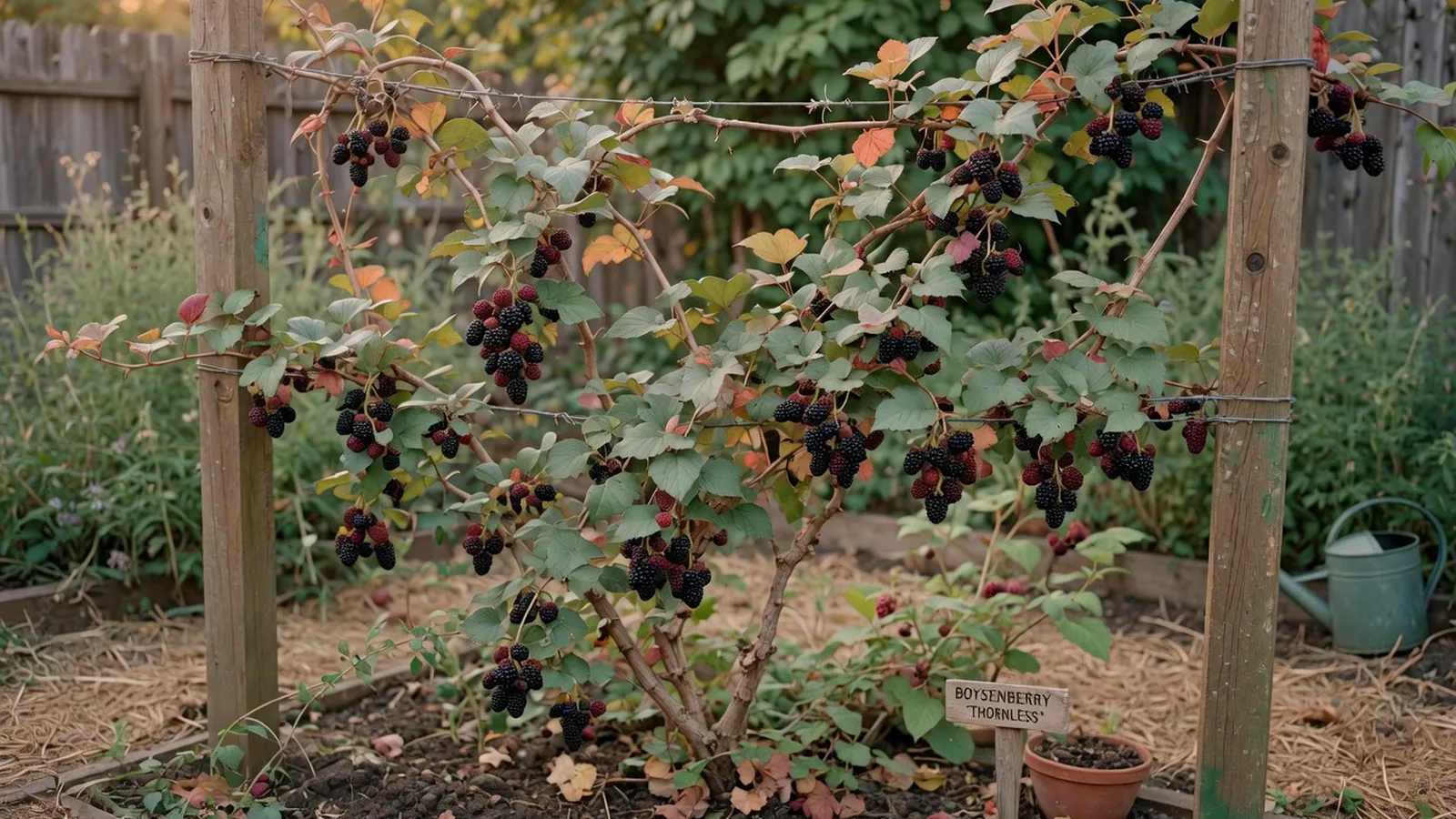 A boysenberry vine laden with ripe dark fruit growing along a garden trellis.