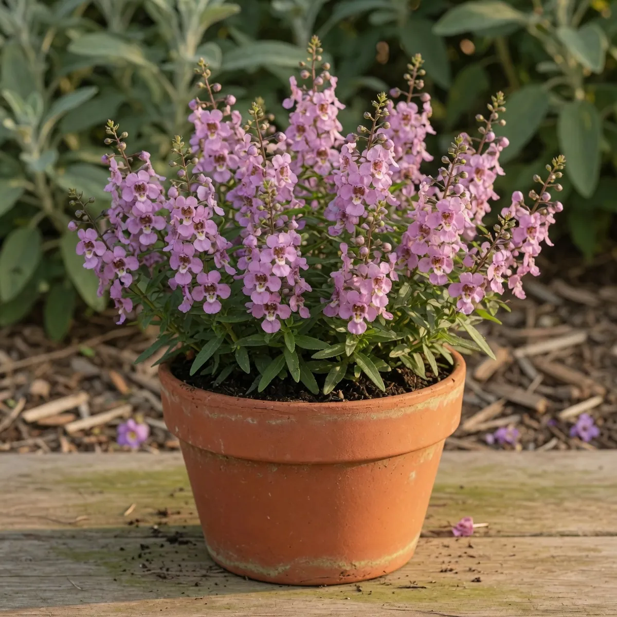 A compact Serena series Angelonia cultivar blooming in a terracotta container.