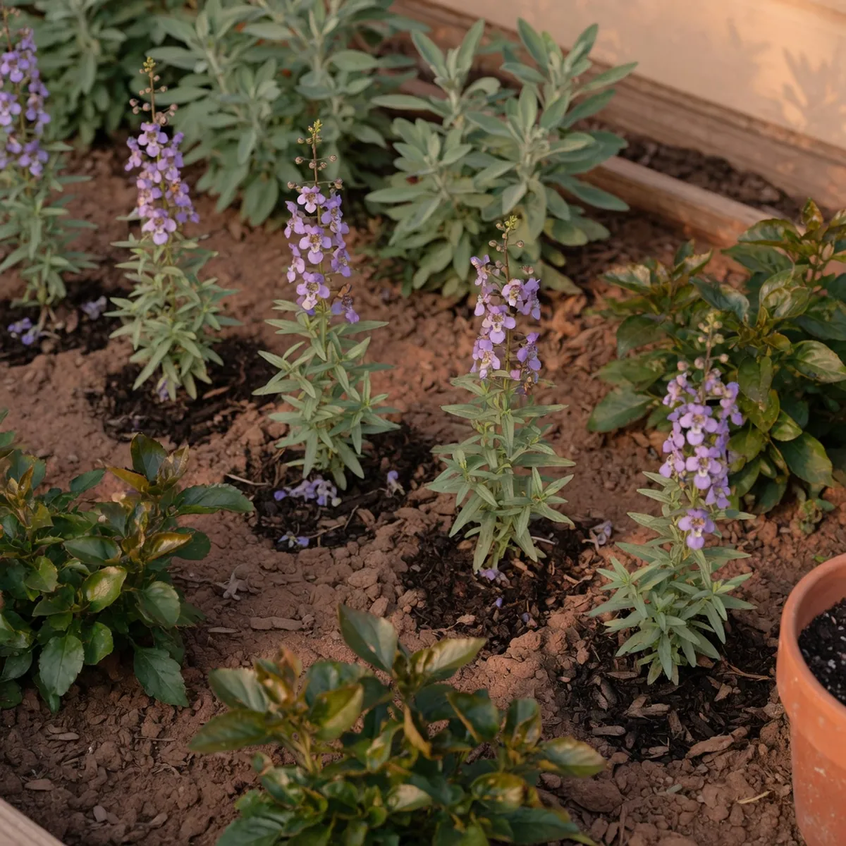 Established Angelonia plants spaced apart in a prepared garden bed.