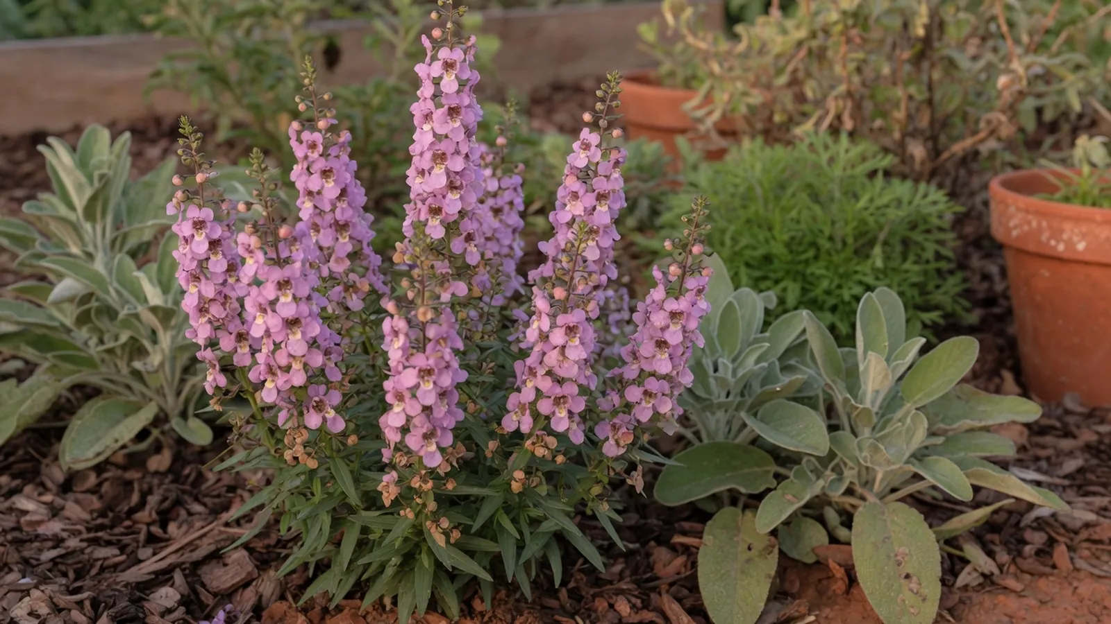 Upright spikes of Angelonia flowers blooming in a summer garden bed.