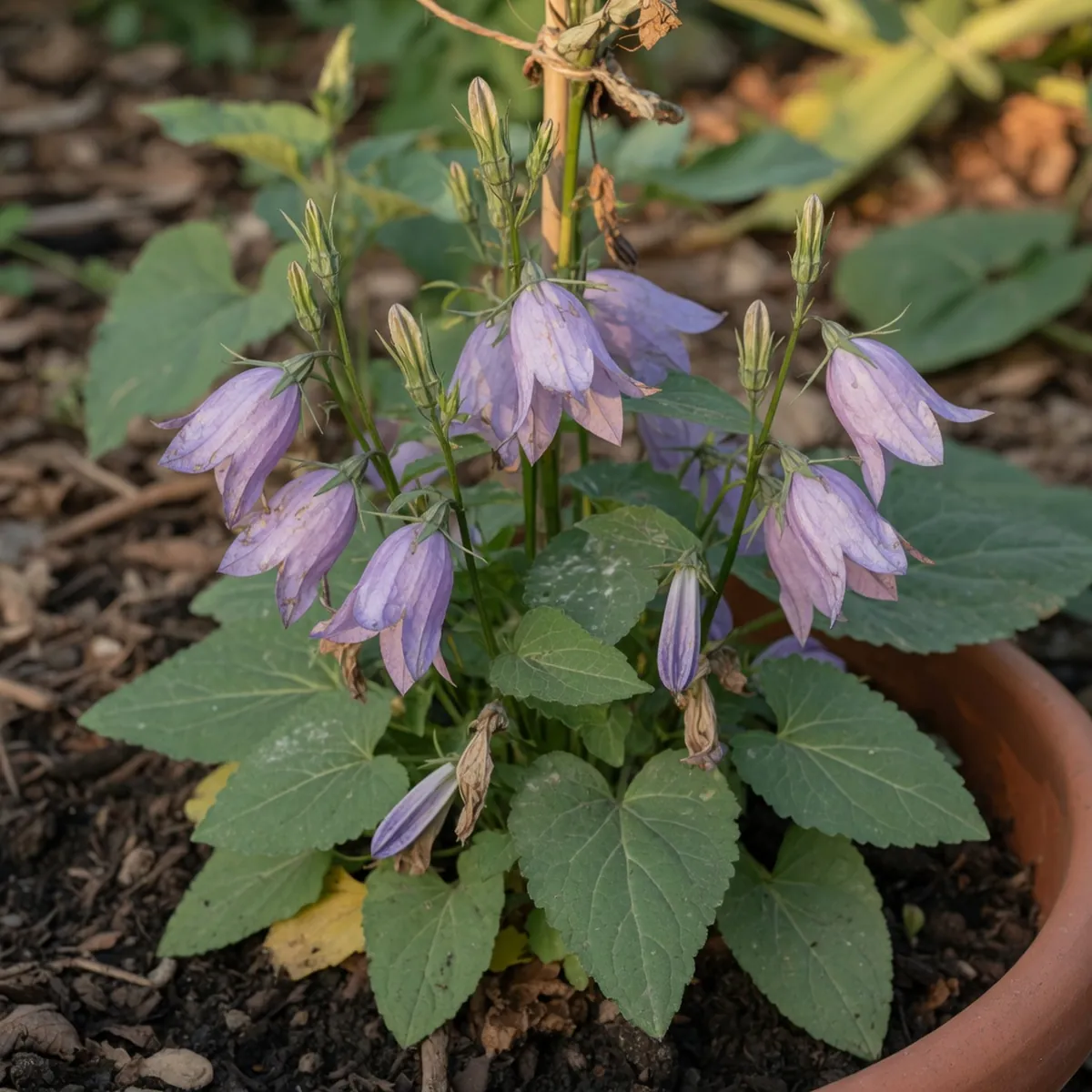A healthy Campanula plant showing a mix of fading blooms and fresh buds among green foliage.