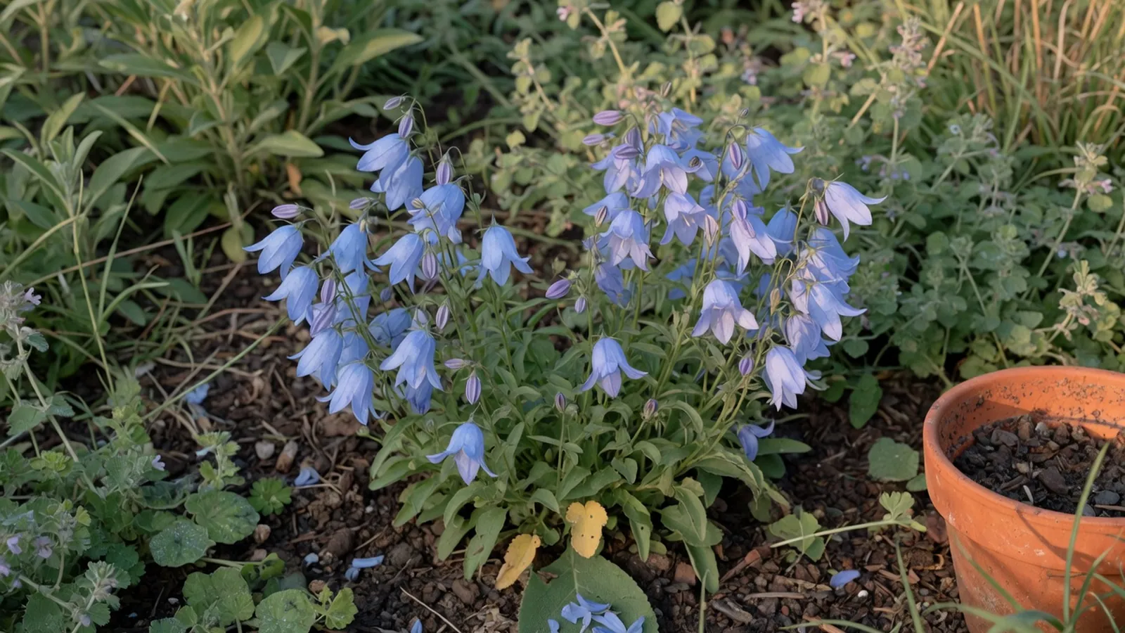 A cluster of delicate blue bell-shaped Campanula flowers blooming among green foliage in a sunlit garden bed.