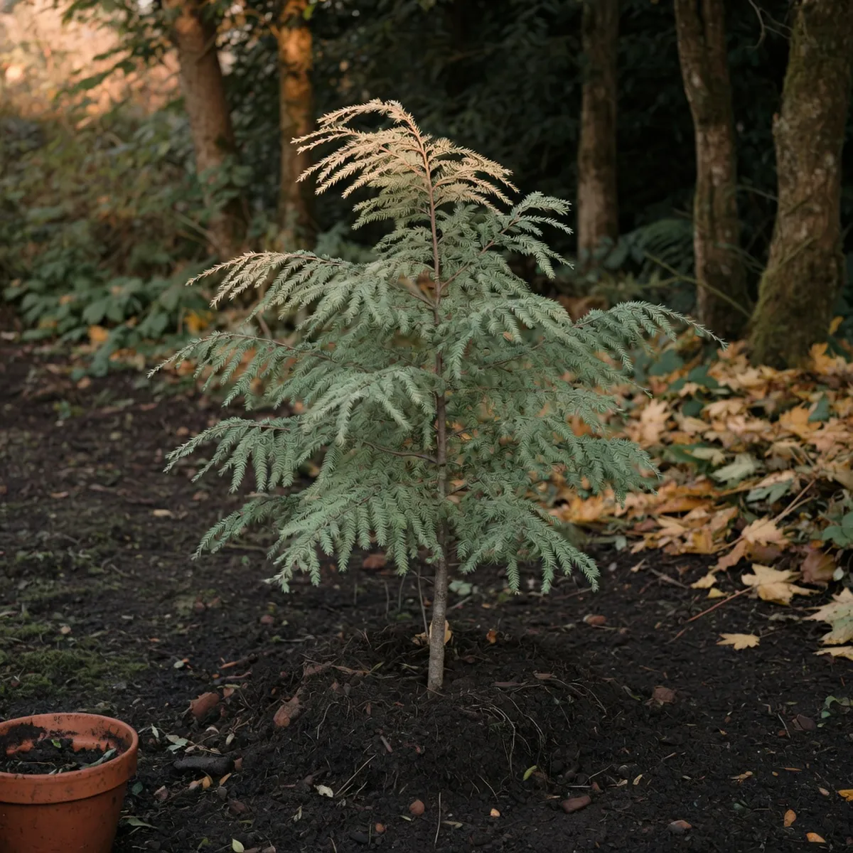 A young Canadian hemlock sapling with soft drooping needles planted in moist soil near a shaded woodland edge.