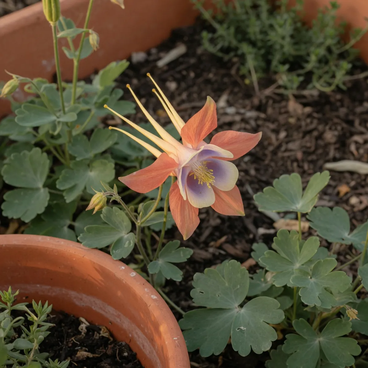 A bell-shaped columbine flower with distinctive spurred petals growing in a garden bed.
