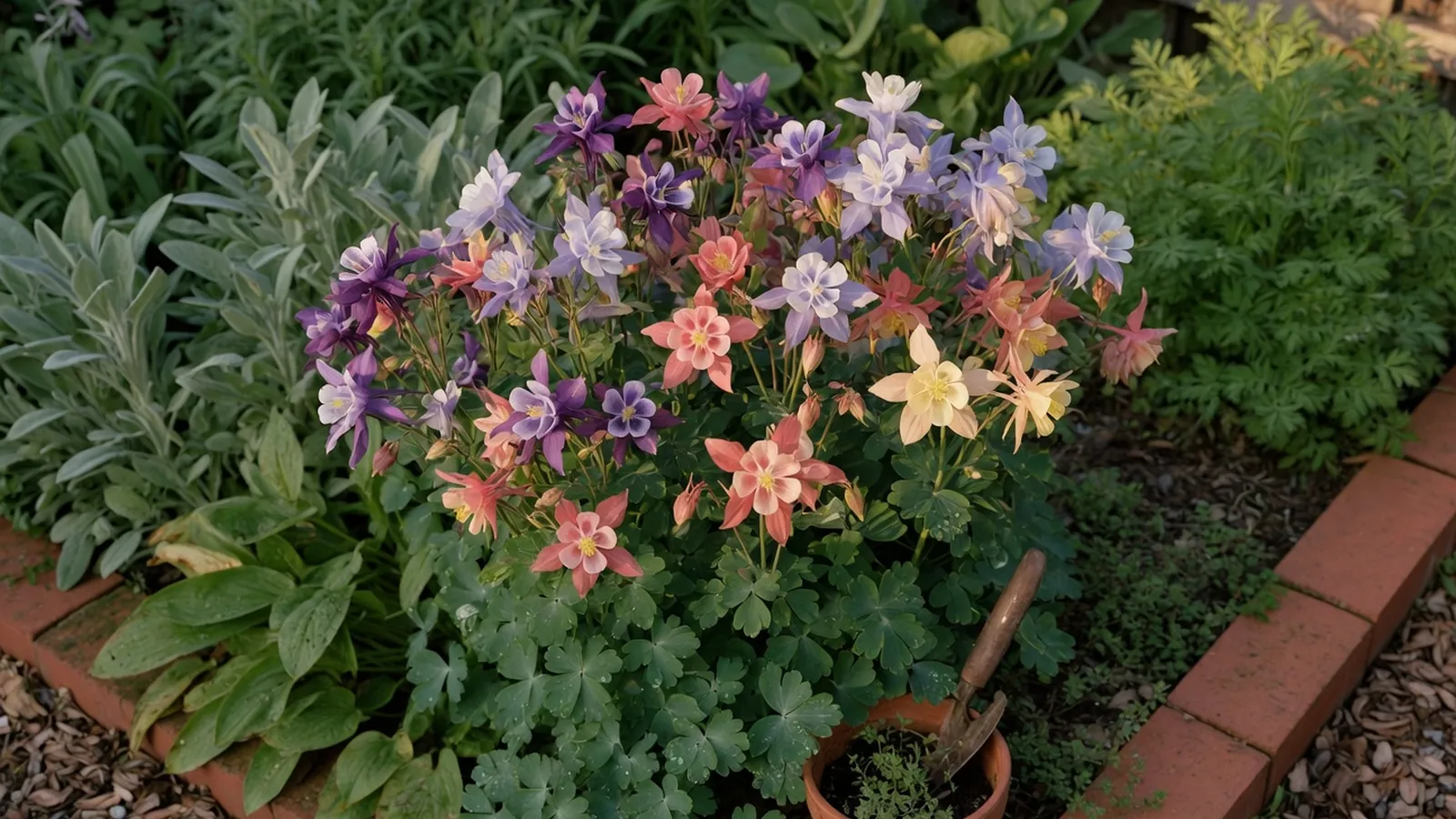 A vibrant cluster of colorful columbine flowers blooming in a well-maintained garden.