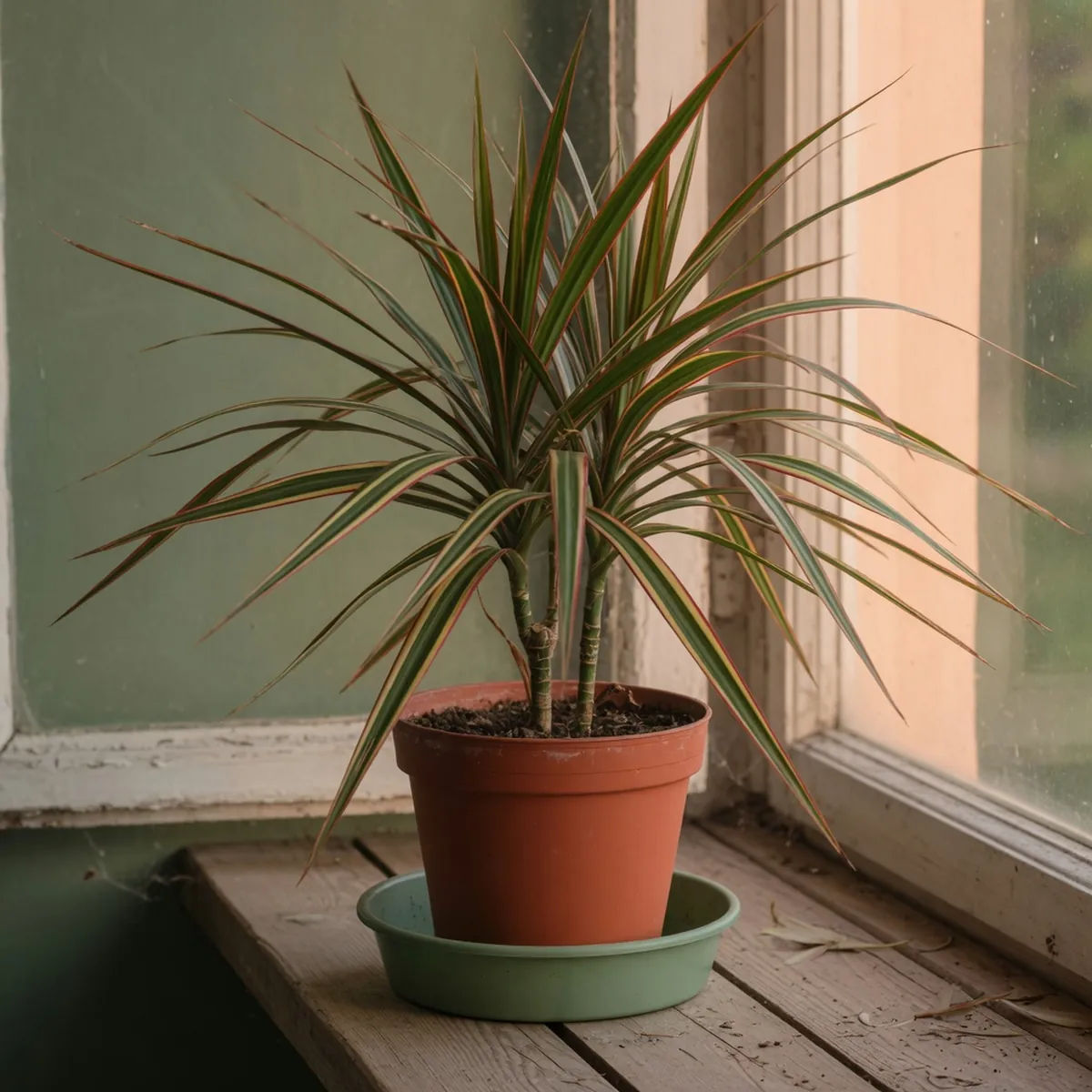 A potted Dracaena marginata tricolor cultivar showing dark green leaves with yellow bands and red edges.