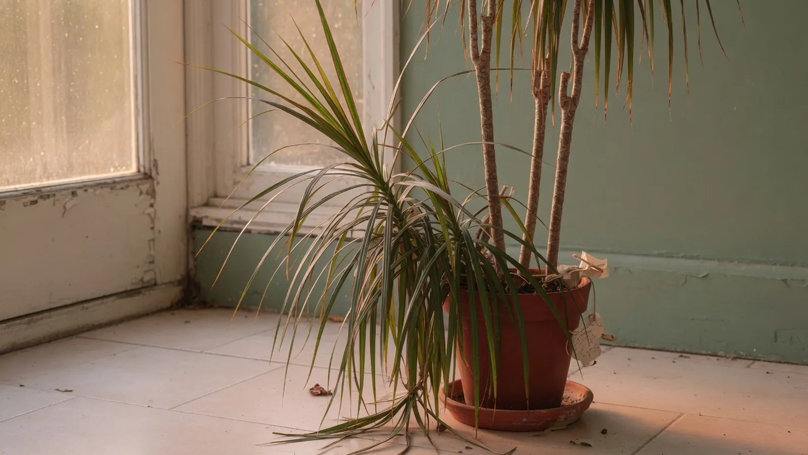 A healthy Dracaena marginata houseplant with slender canes and arching red-edged leaves in a bright room.