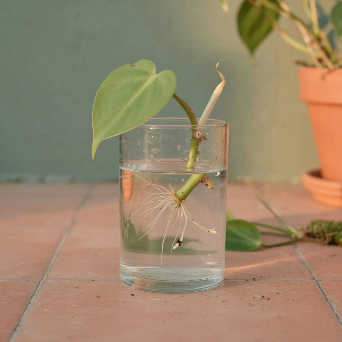 A heartleaf philodendron stem cutting rooting in a clear glass of water.