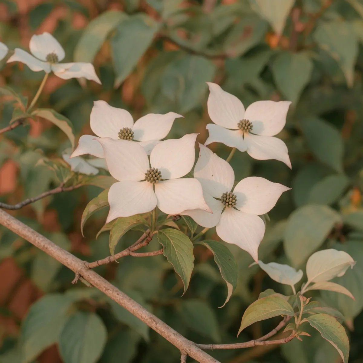 Close-up of the distinctive white bracts on a Kousa Dogwood branch, showing their star-like shape and slight pink tinge.