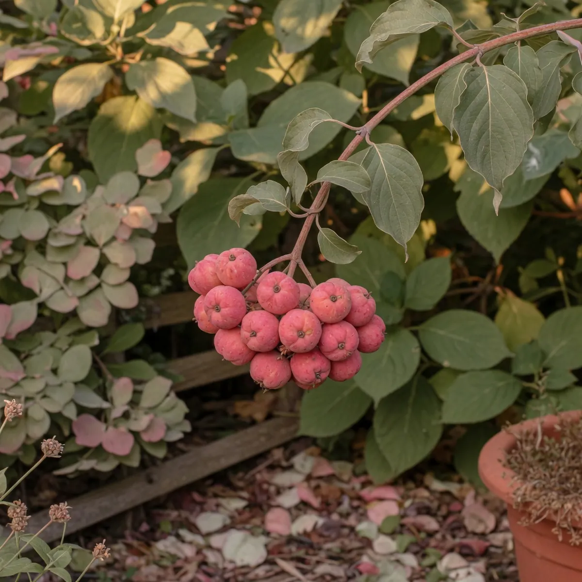 A cluster of ripe pinkish-red Kousa Dogwood fruits hanging from a branch, resembling raspberries in texture and color.