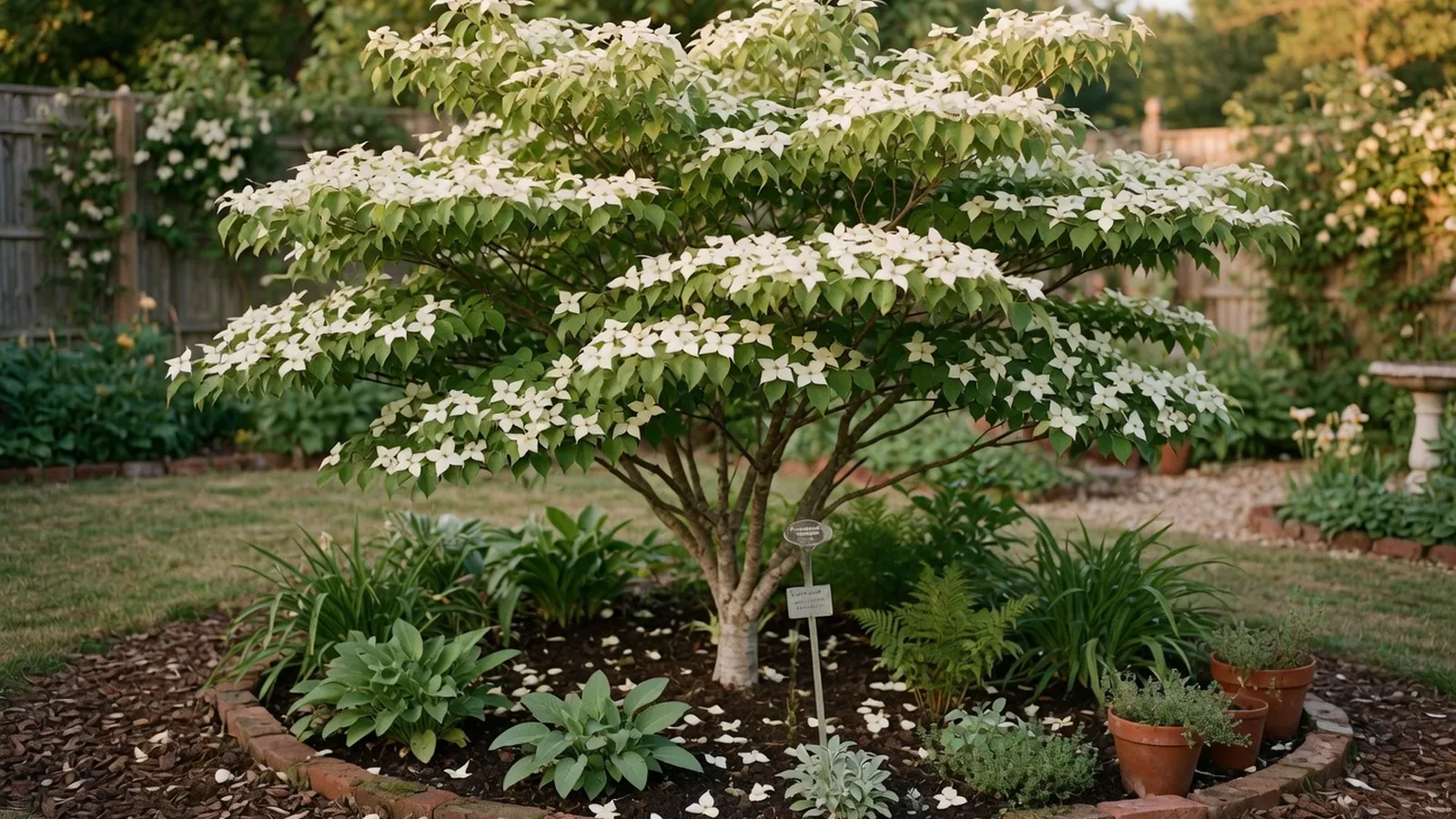 A mature Kousa Dogwood tree displaying its characteristic umbrella-shaped canopy and white bracts against a soft garden background.