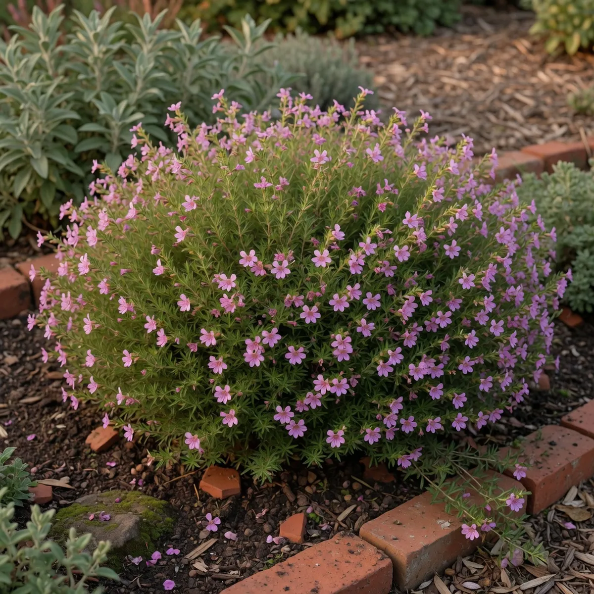 A dense Mexican heather shrub displaying abundant small pink and lavender trumpet-shaped flowers among green fern-like foliage.