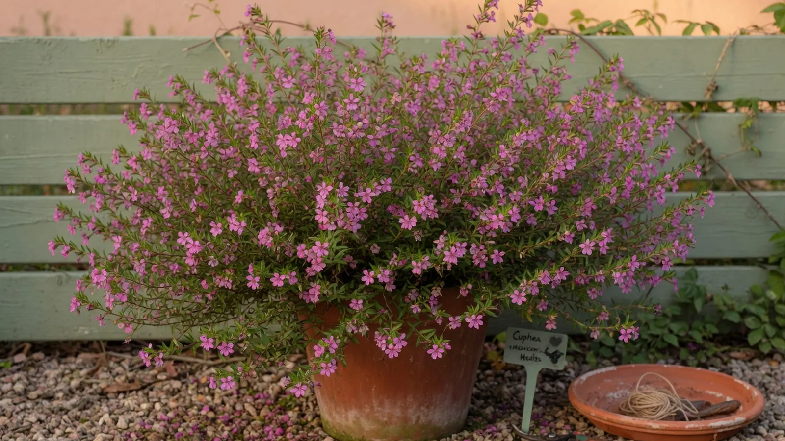 A lush Mexican heather shrub in full bloom with pink and purple flowers in a garden setting.