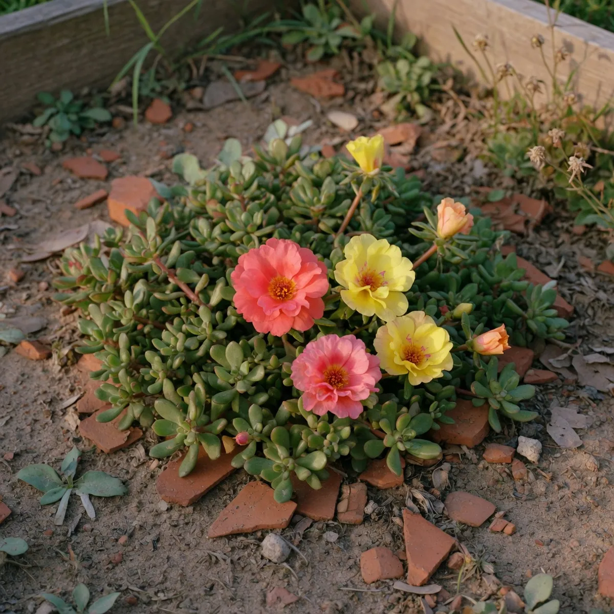 A cluster of low-growing moss rose flowers in shades of pink and yellow blooming in a sunny garden bed.