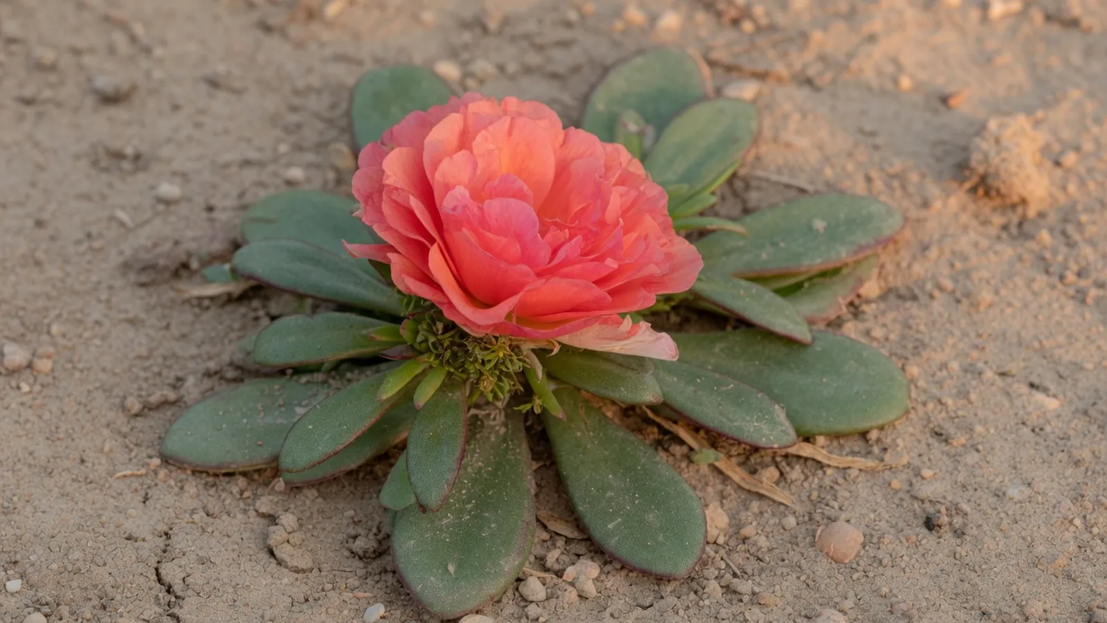 A close-up of a single vibrant moss rose flower with delicate petals and fleshy succulent leaves.