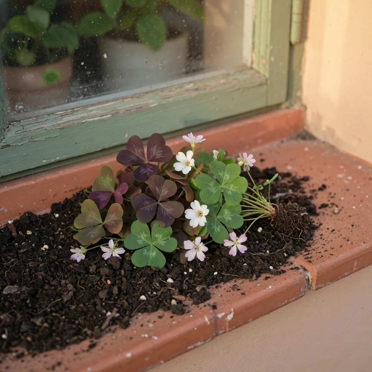 Close-up of purple and green clover-shaped oxalis leaves with small white and pink blooms.