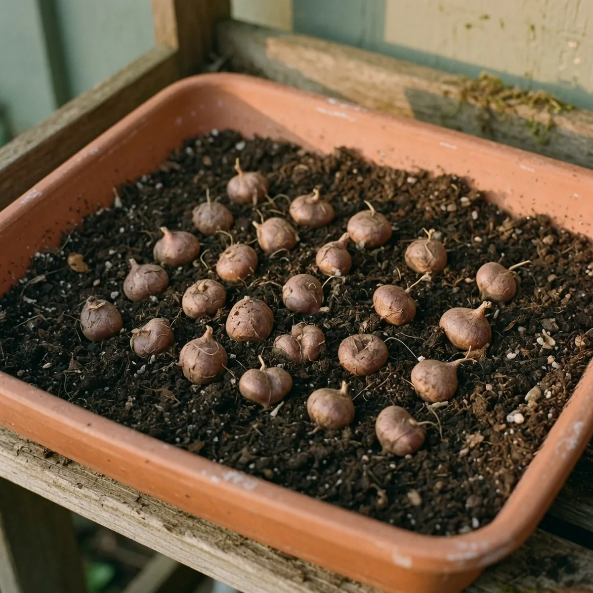 Small oxalis bulbs ready for planting in a shallow tray with potting soil.