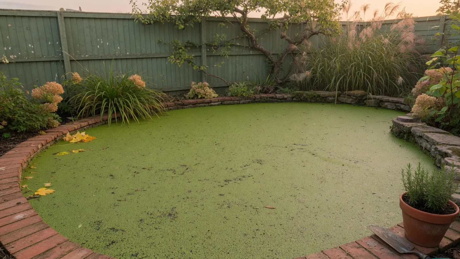A calm garden pond completely covered in a thick green layer of duckweed.