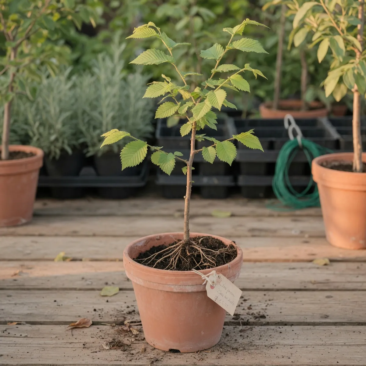 A healthy elm sapling standing in a nursery pot with visible roots and vibrant foliage.