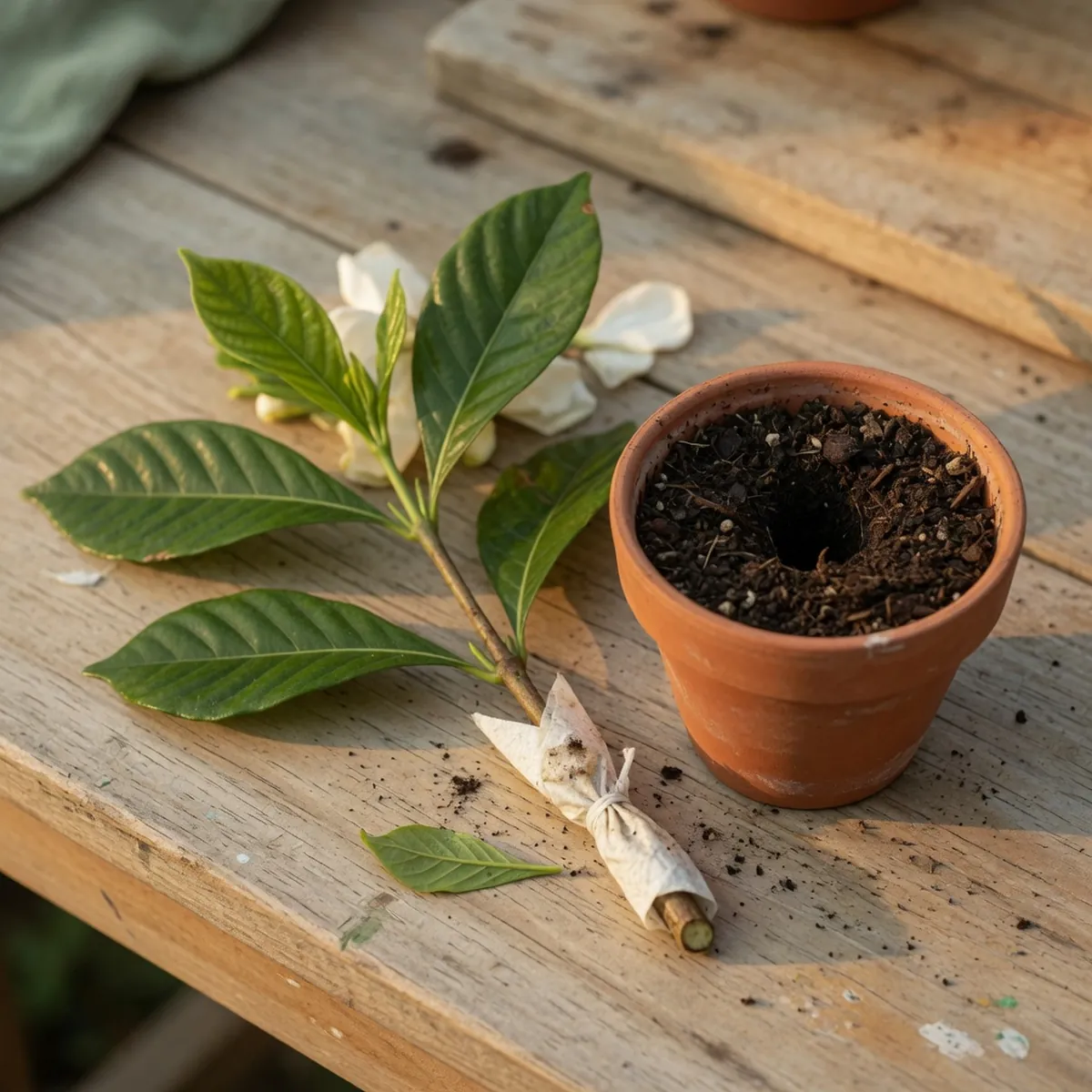 A prepared gardenia stem cutting with several leaves resting beside a small pot filled with dark, moist potting mix on a wooden surface.