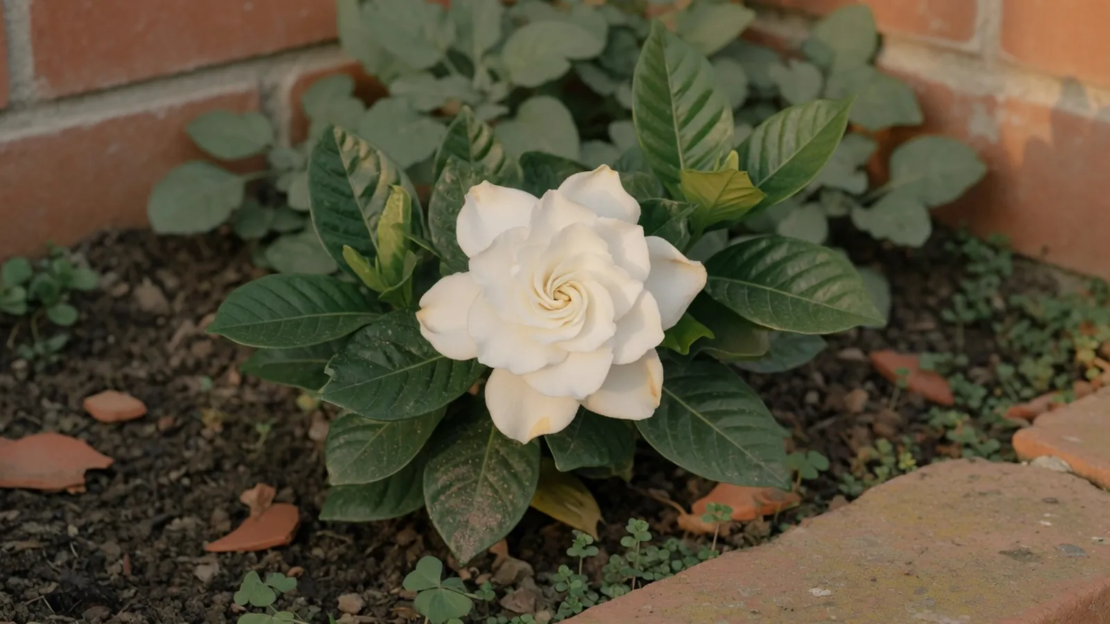 A pristine white gardenia blossom surrounded by glossy dark green leaves in a garden setting.