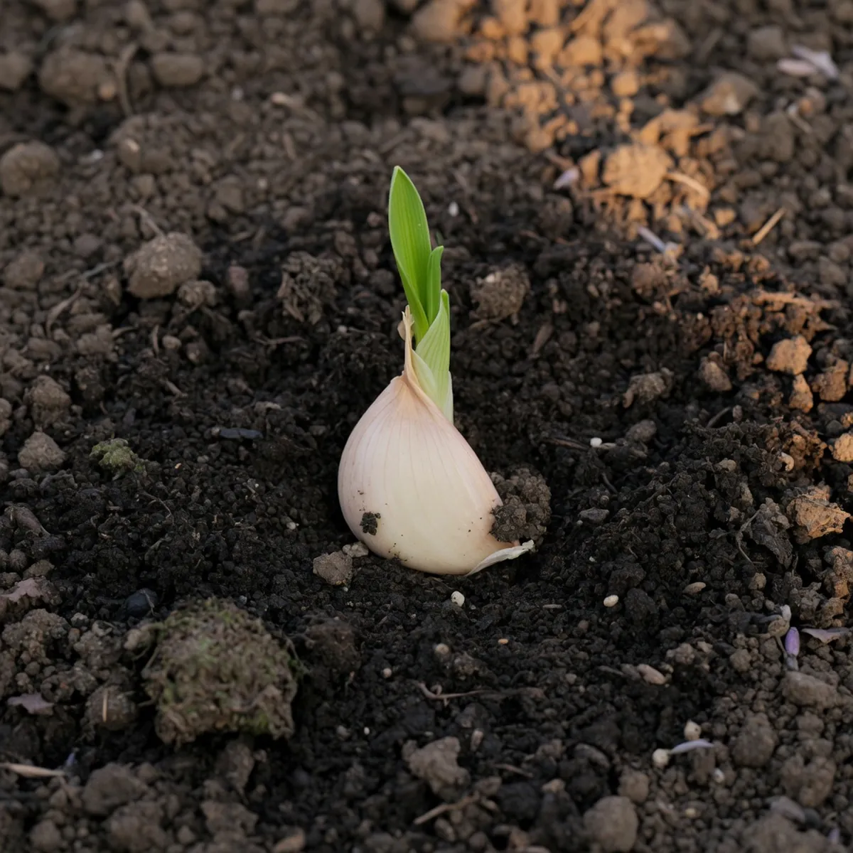 A single garlic clove planted upright in dark, crumbly garden soil with a small green shoot emerging.