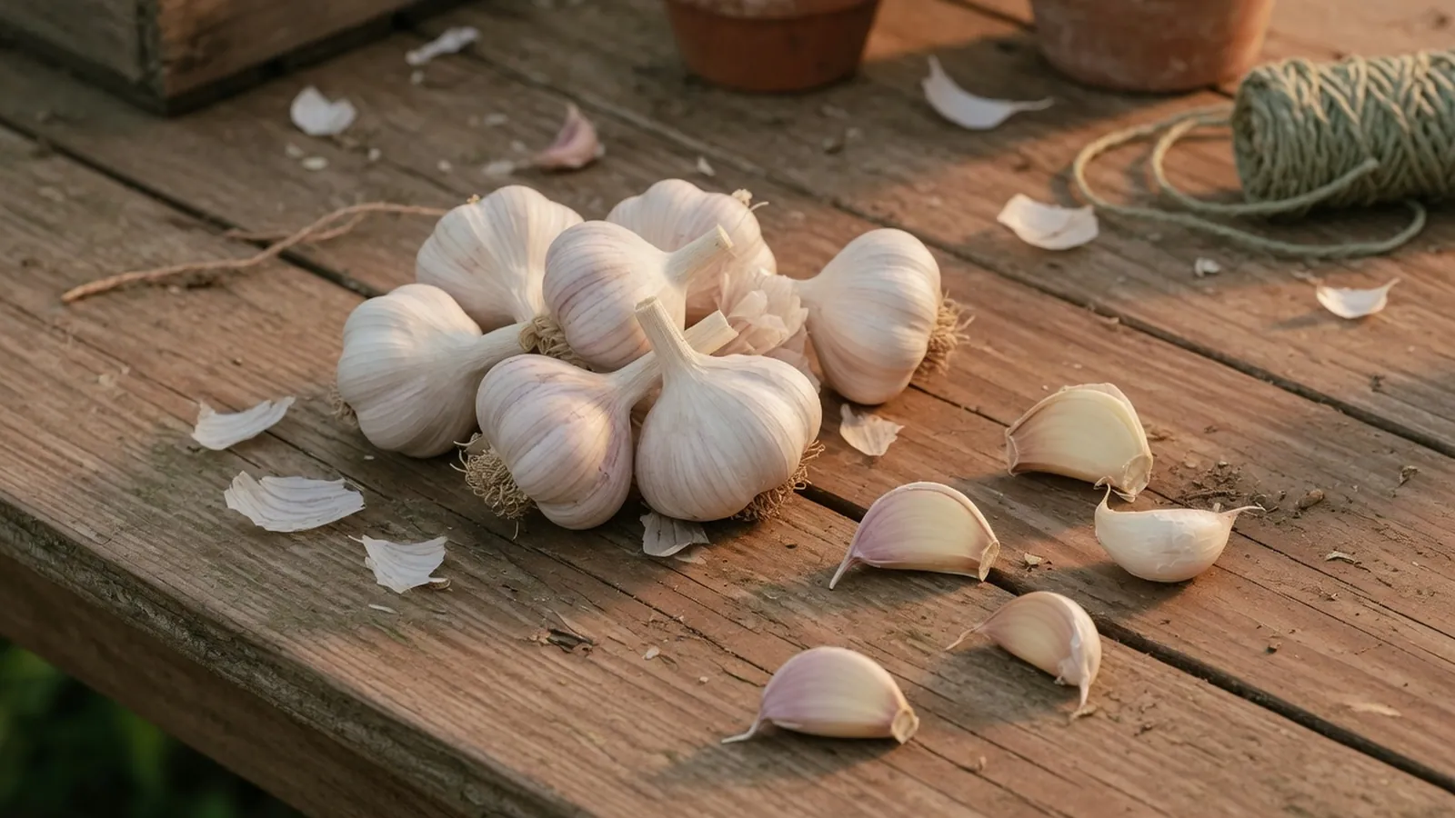 A cluster of fresh garlic bulbs resting on a rustic wooden surface alongside a few separated cloves.