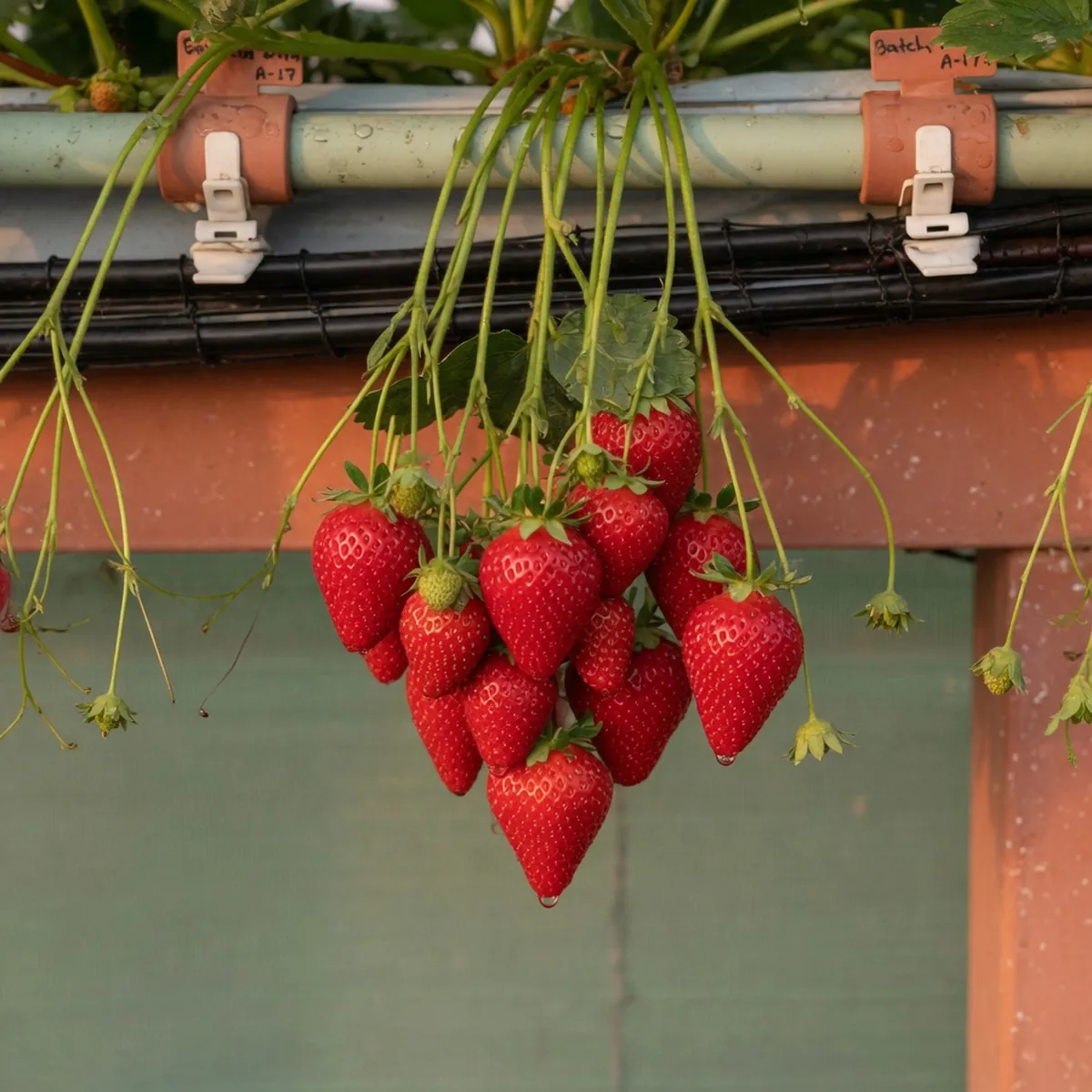 Ripe red strawberries hanging from green vines in a clean hydroponic growing system.