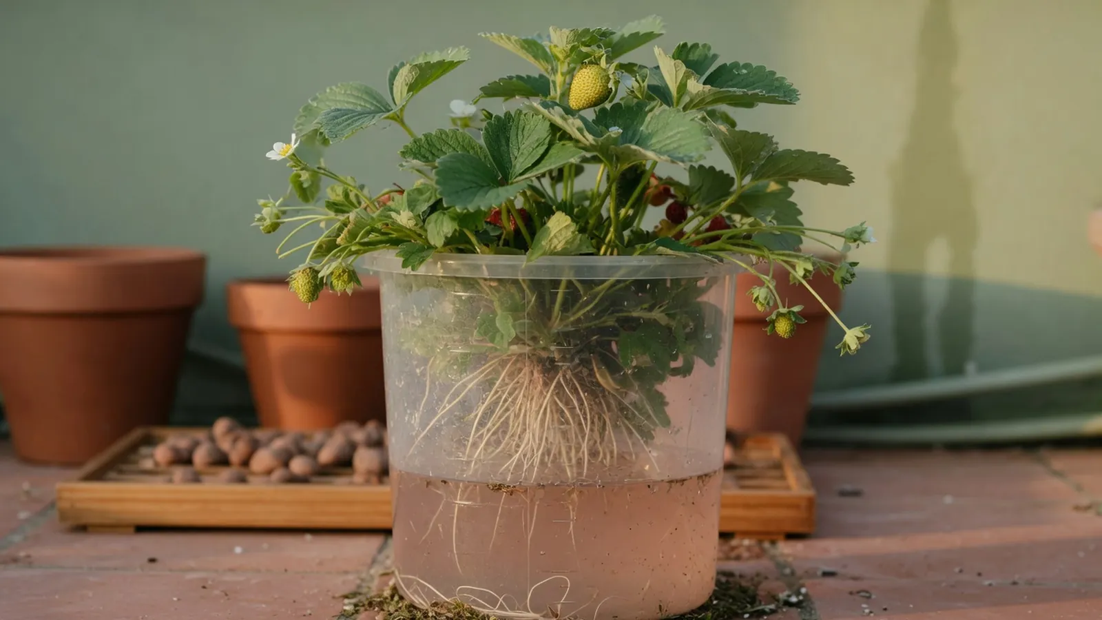 A healthy strawberry plant growing in a clear hydroponic container with visible nutrient water and lush green foliage.