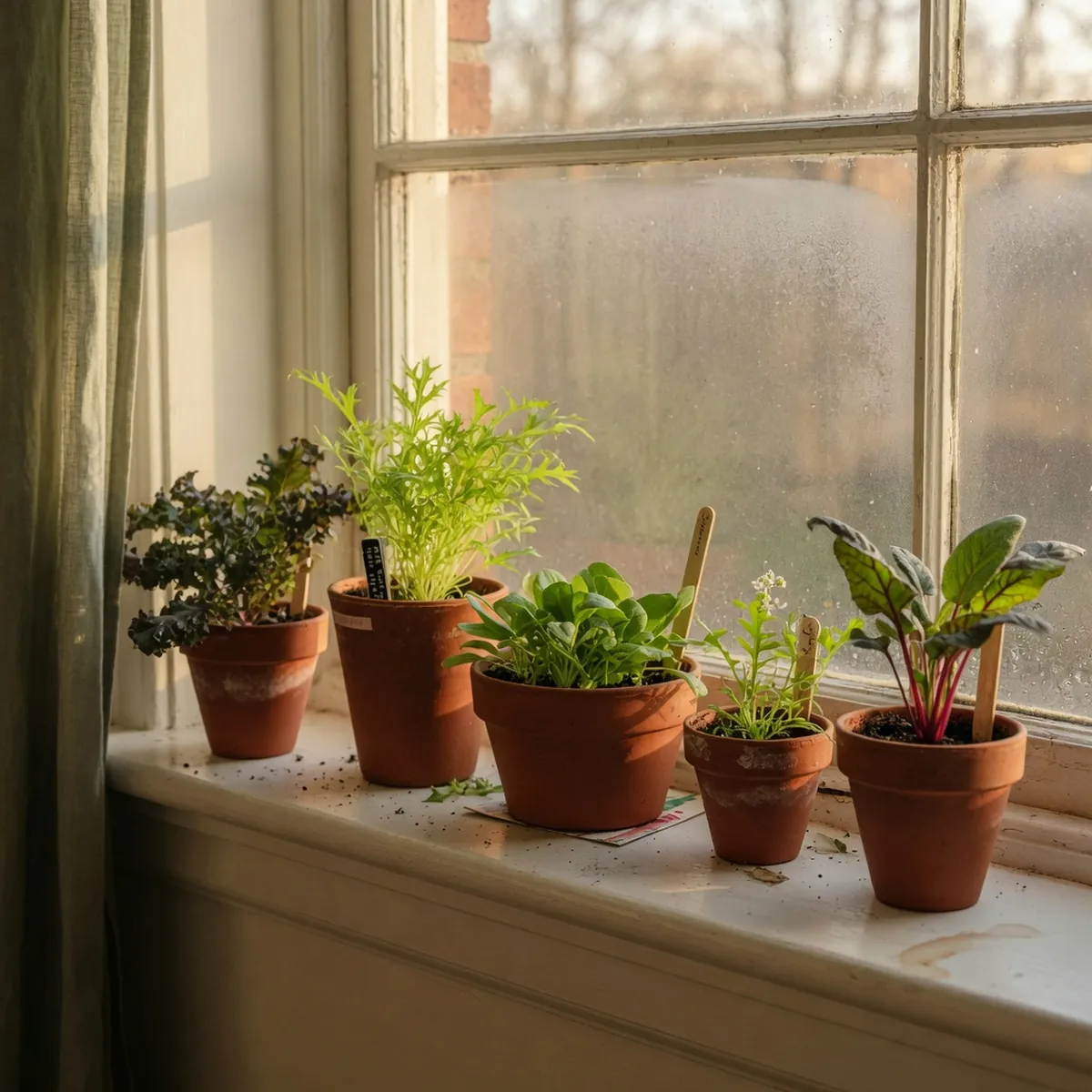 Small potted leafy greens arranged on a bright windowsill to maximize natural sunlight for indoor growth.
