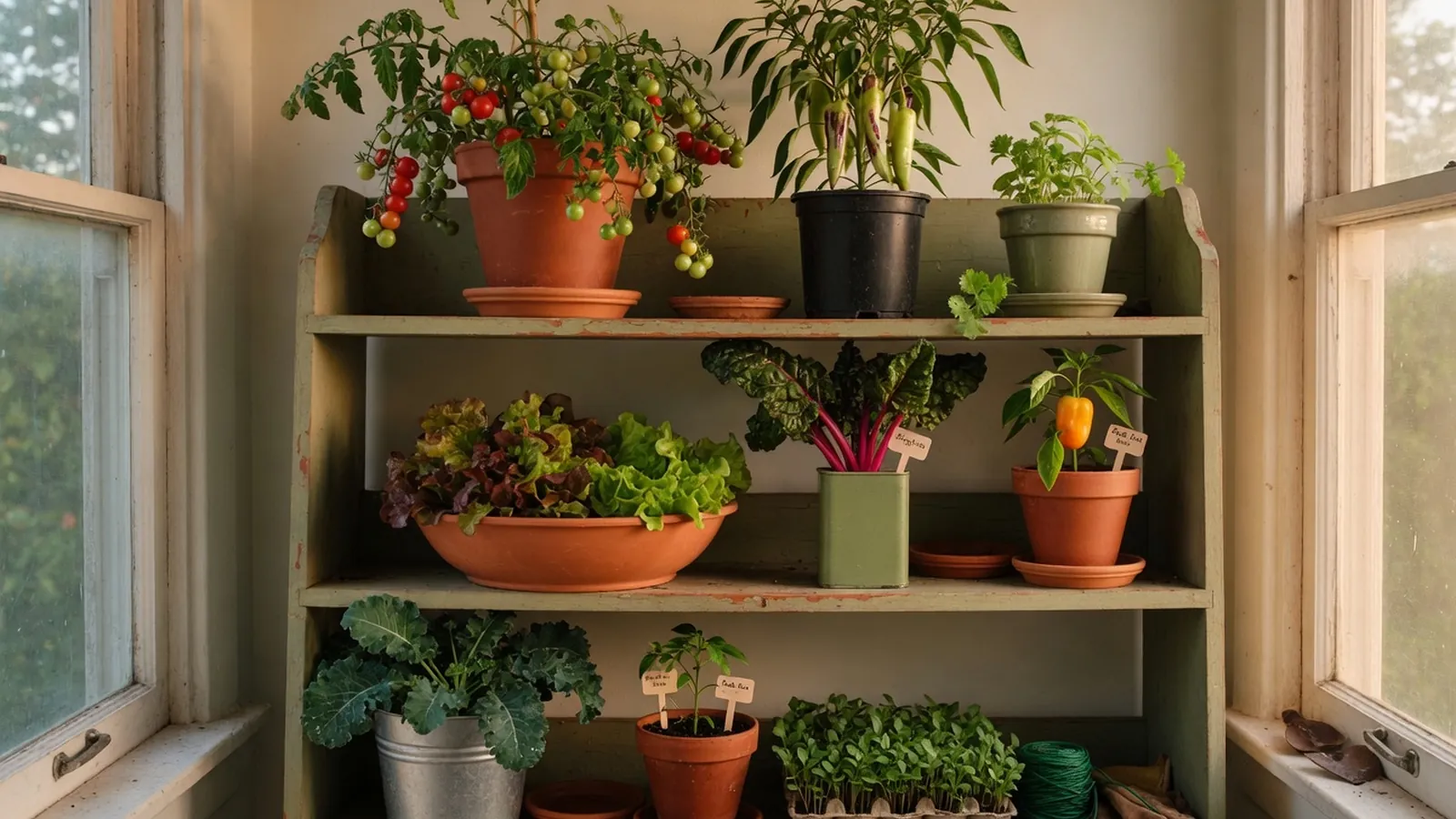 Assorted potted vegetables thriving on an indoor shelf near a bright window.