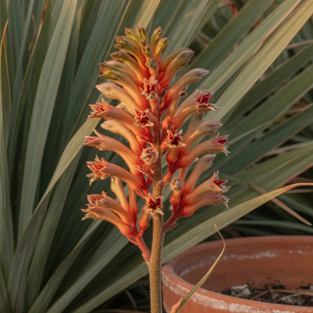 A close-up view of a kangaroo paw flower spike showing its fuzzy tubular blooms and warm colors.