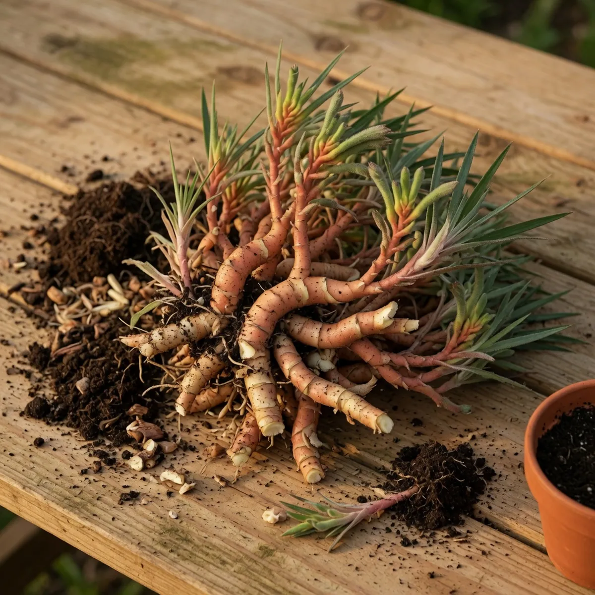 A divided kangaroo paw clump with trimmed shoots and thick rhizomes ready for repotting in well-drained soil.